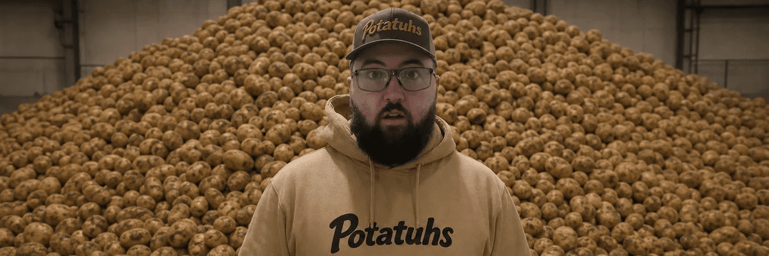 Brett Owers — Full Stack Developer, AI Engineer, and founder of Potatuhs — standing in front of a mountain of potatoes